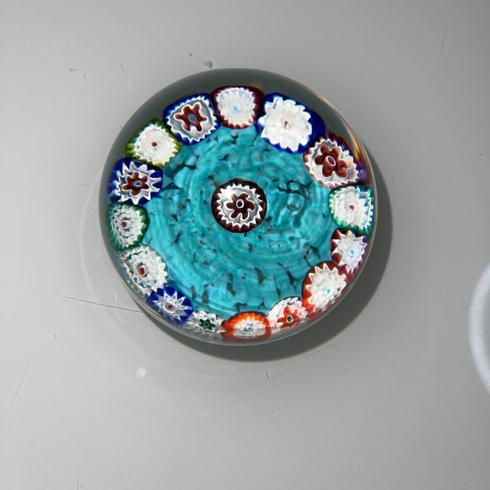 Vintage Millefiori Art Glass Turquoise Multicolor Paperweight Collectible - Picture 4 of 15
